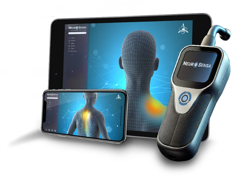 NeuroSensa handheld sensor shown with tablet and phone displaying a pain map