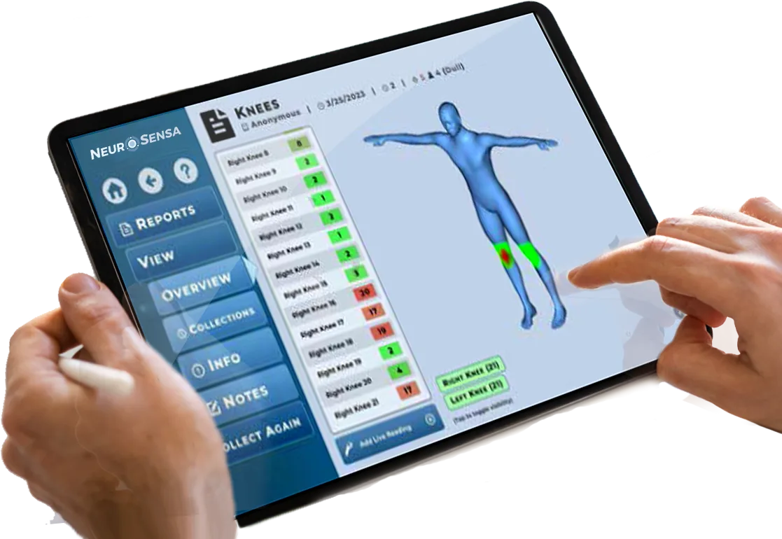 Clinician viewing a patient report on a 3D body map on a tablet