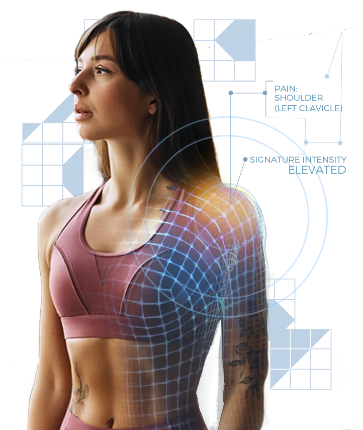 Illustration of localized pain areas visualized on a person's shoulder and neck